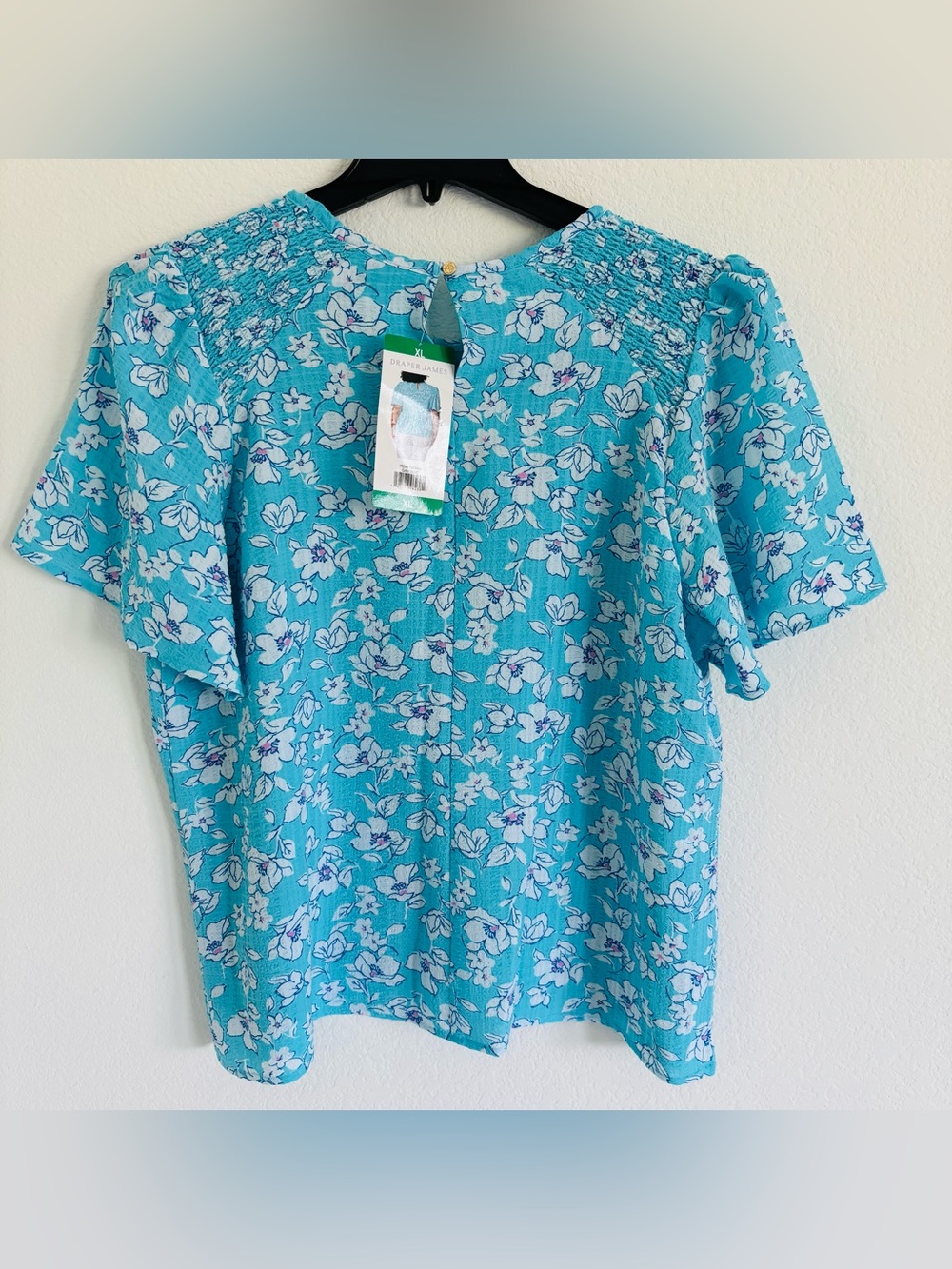 Draper James Flutter Sleeve Blouse XL Blue Floral Smocked Top Cottagecore Preppy - Picture 2 of 11